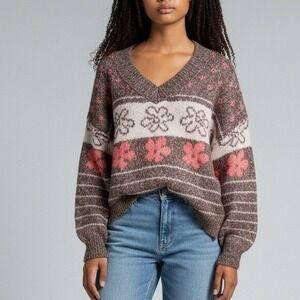 SO Goods For Life‎ Womens Brown Pink Floral Marl Knit V-Neck Sweater Large